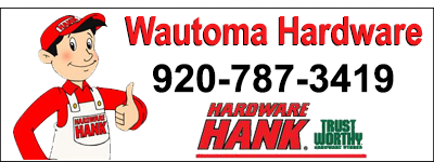 Wautoma Hardware 920-787-3419. Picture of Hardware Hank wearing red hat & shirt with white overalls