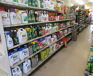 Shelves of gardening supplies