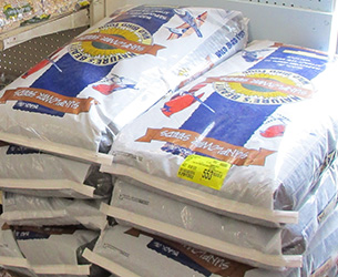Stacks of bird seed bags